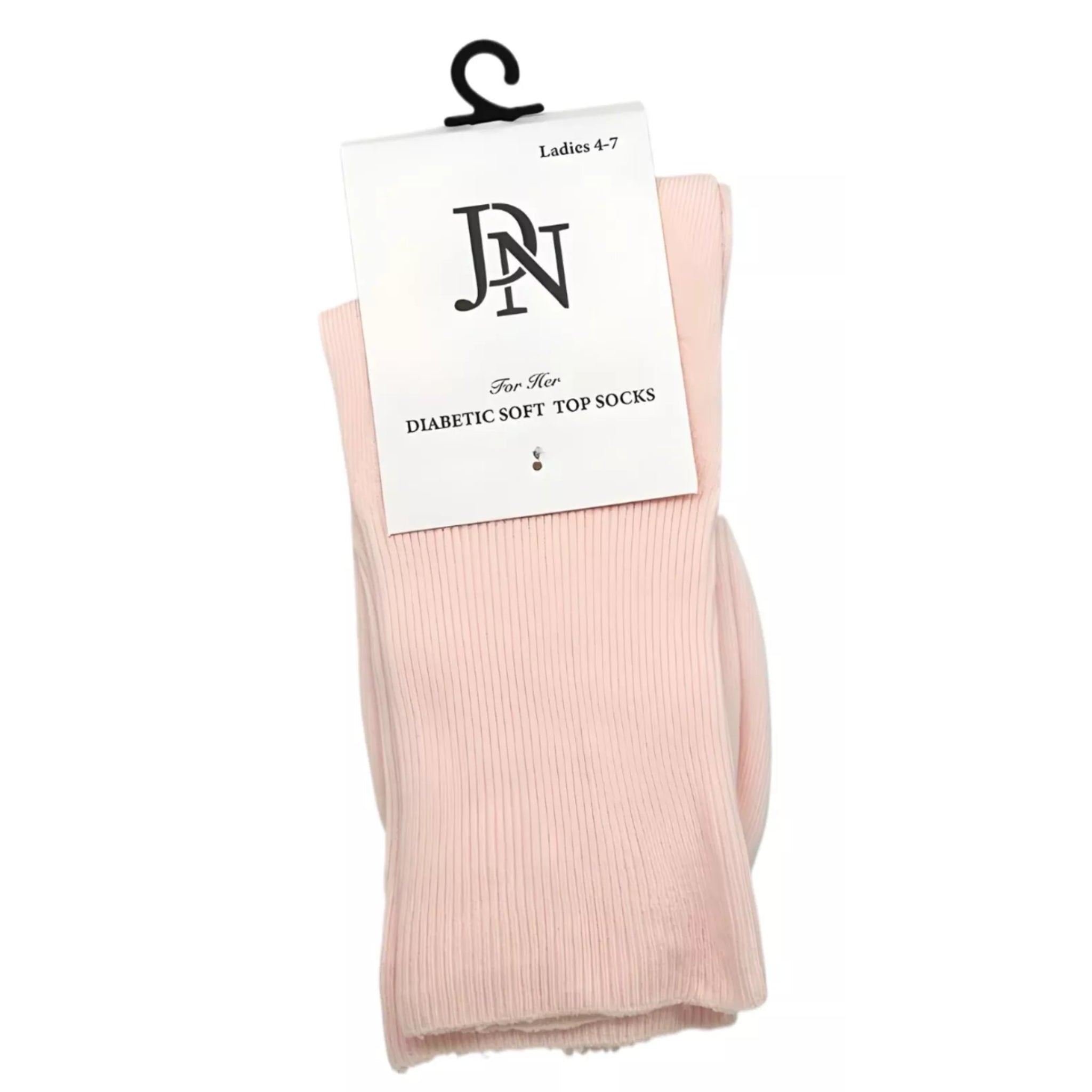 Ladies JDN branded soft pink diabetic socks with non-elastic soft top for comfort and circulation support